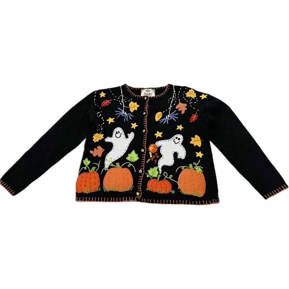 VTG Tiara International Ugly Sweater Cardigan Halloween Childs L  12/14 Buttons